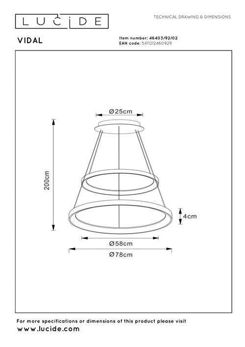 Lucide VIDAL - Hanglamp - Ø 78 cm - LED Dimb. - 1x92W 2700K - Mat Goud / Messing | Premium - technisch